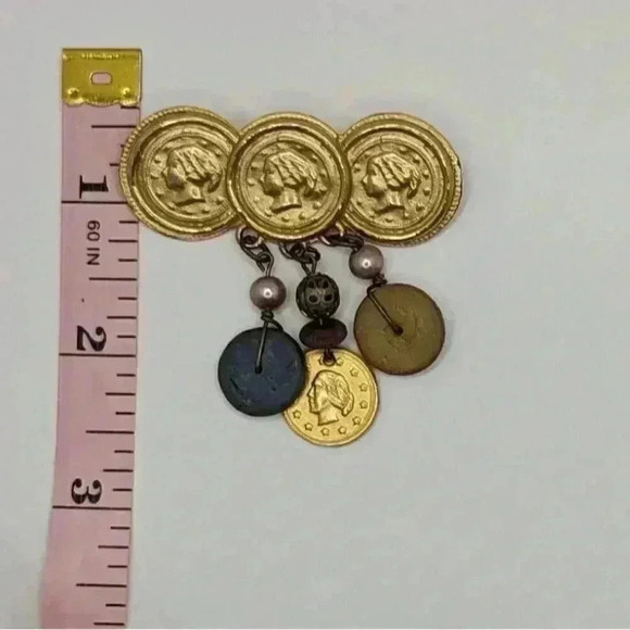 "Triumvirate" Medallion Brooch - Antiqued Gold & Artful Dangles - Picture 3 of 5